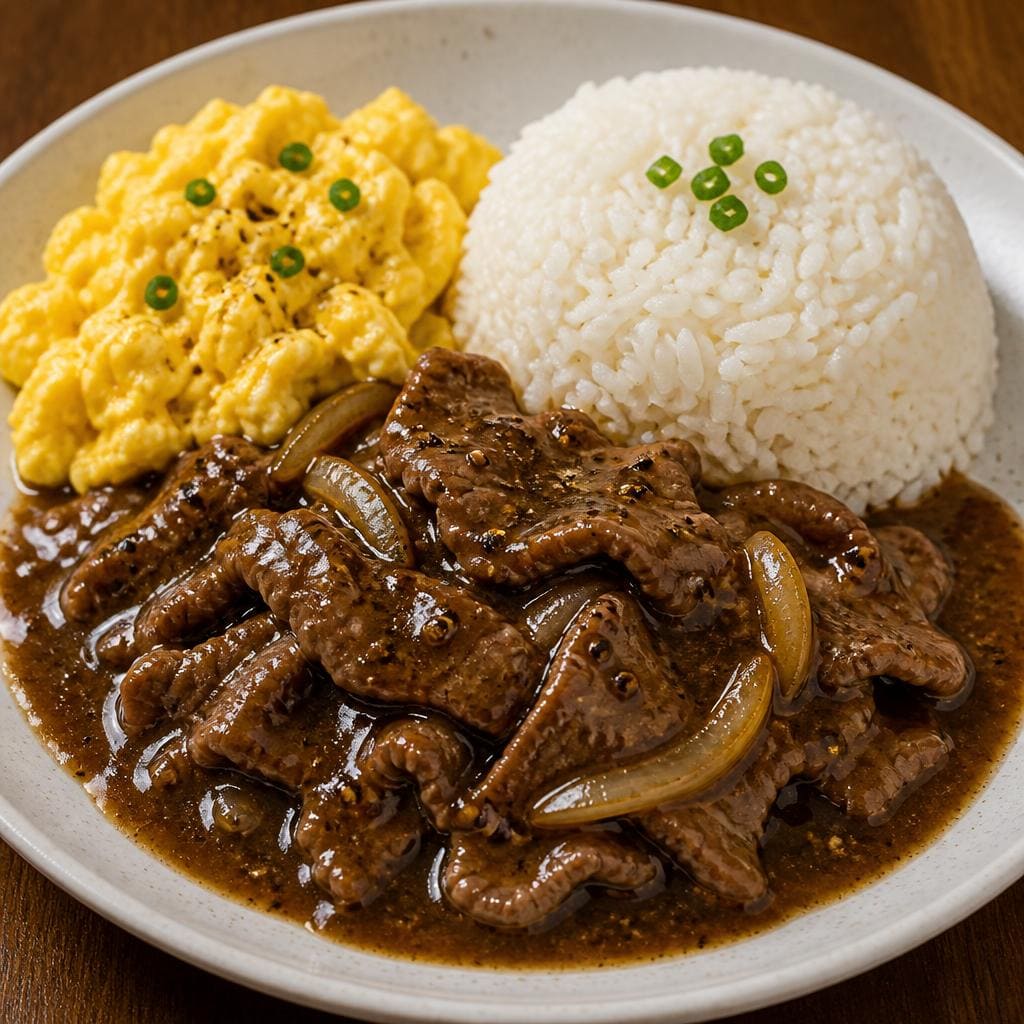 Rice Beef Saus Blackpepper Warkop 84 dengan daging sliced blackpepper dan telur orak arik